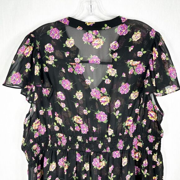 Torrid Plus Size 3X Top Floral Flutter Cap Sleeve Black Purple Smocked Sheer 458 - Picture 6 of 9